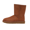 FastCop Store UGG Classic Short II boot in chestnut suede with a flat rubber sole, side view.